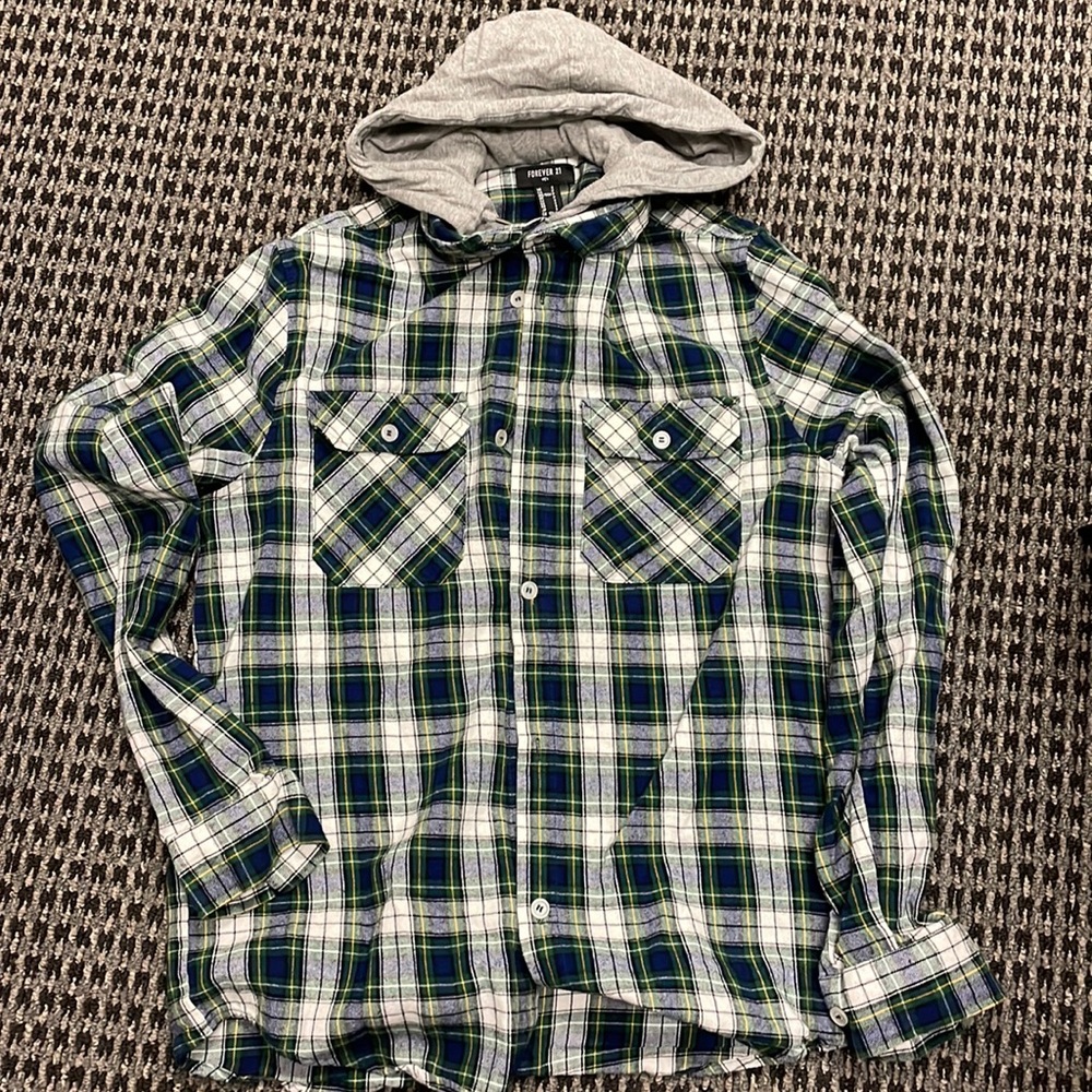 Forever 21, blue green plaid button down with gray hoodie, small.